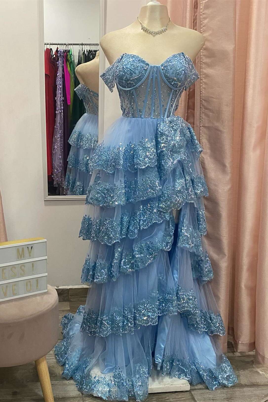 Vestido Weitese con hombros descubiertos, lentejuelas azules, volantes, largo escalonado, vestido de fiesta